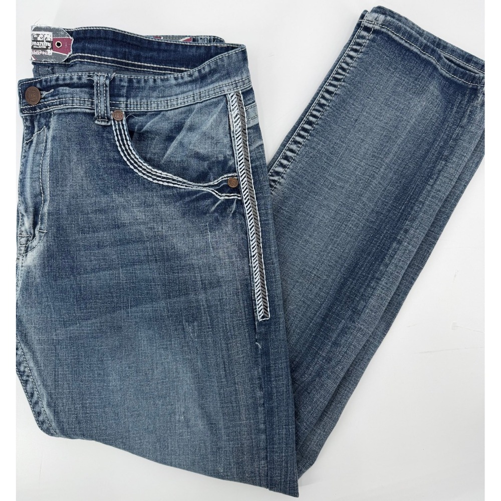 Monarchy Collection Mens Blue Embroidered Heavy Stitch Y2K Straight Jeans Sz 38